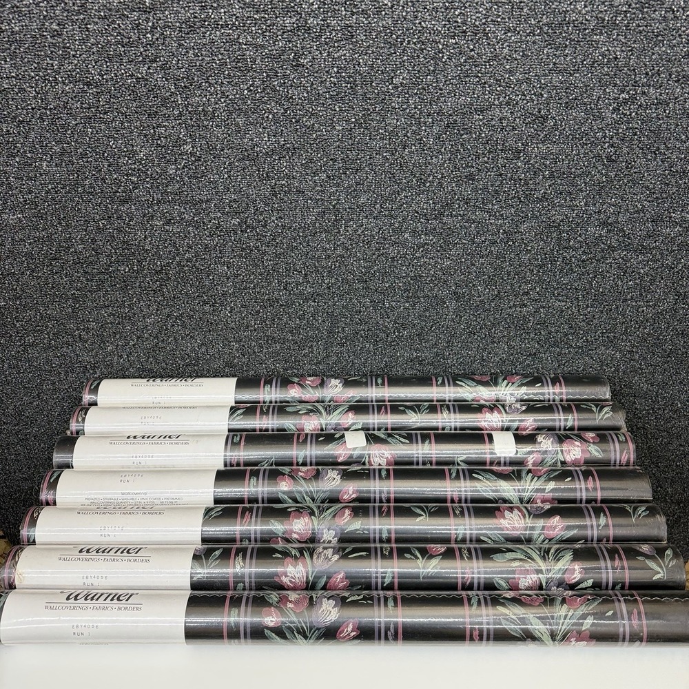 Warner Wallcoverings EBY4056 Floral Tulip Stripe Wallpaper Black Pink 7 Rolls